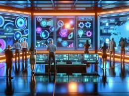 Modernes, futuristisches Marketingbüro mit Glaswänden, Neonlichtern, digitalen Dashboards und KI-Tools, in dem ein diverses Team Daten und Automatisierungsprozesse überwacht.