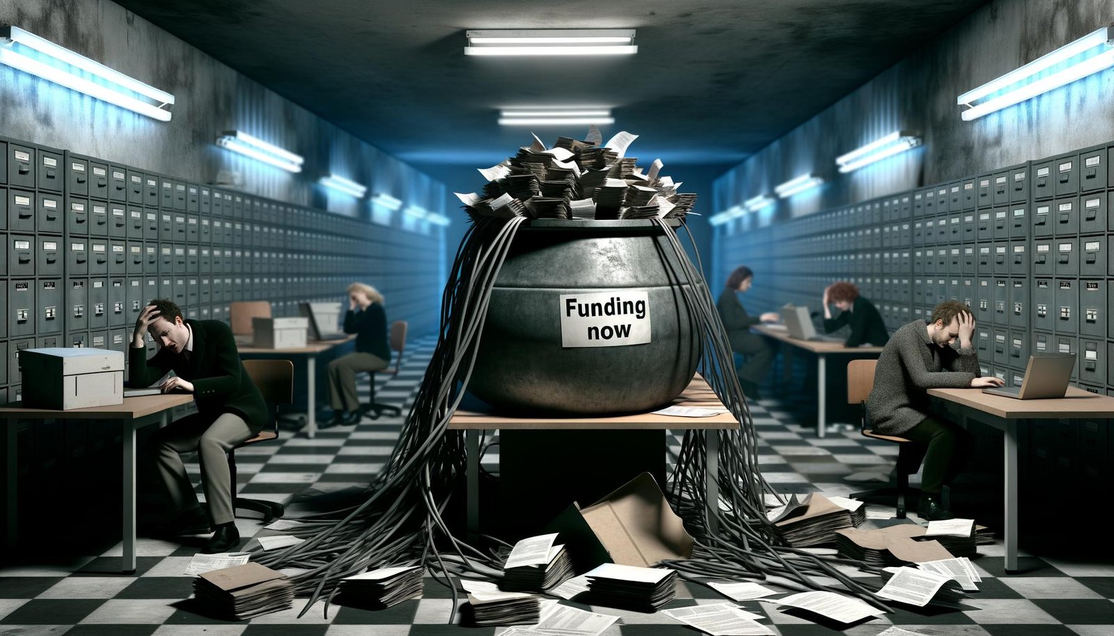 Chaotischer Schreibtisch in grauem Büro mit Papierstapeln, Akten, erschöpften Projektmanagern und Fördertopf als ironischem Mittelpunkt, im Hintergrund Aktenschränke und Plakat 'Innovation jetzt!'