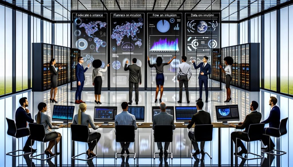 Futuristisches Büro mit Business-Team, das vor Bildschirmen Analysen, Prognose-Charts und Machine-Learning-Visualisierungen präsentiert. Serverracks und ein Data Lake im Hintergrund.