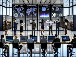 Futuristisches Büro mit Business-Team, das vor Bildschirmen Analysen, Prognose-Charts und Machine-Learning-Visualisierungen präsentiert. Serverracks und ein Data Lake im Hintergrund.