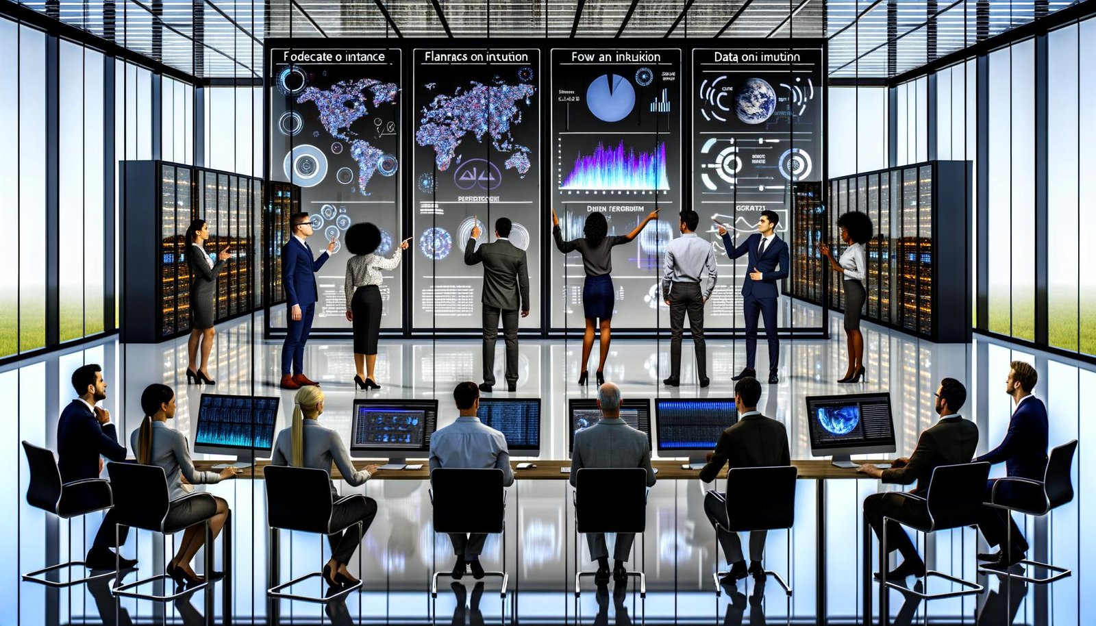 Futuristisches Büro mit Business-Team, das vor Bildschirmen Analysen, Prognose-Charts und Machine-Learning-Visualisierungen präsentiert. Serverracks und ein Data Lake im Hintergrund.