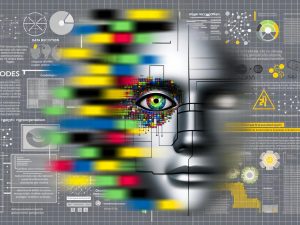 Magazin-Cover mit einer Illustration eines halboffenen Robotergesichts aus bunten Datenpunkten, Codezeilen und Schaltkreisen. Im Hintergrund unscharfe Diagramme, Bildsymbole und durchgestrichene Marketingbegriffe. Dominierende Farben: Grau, Signalblau und Signalgelb.