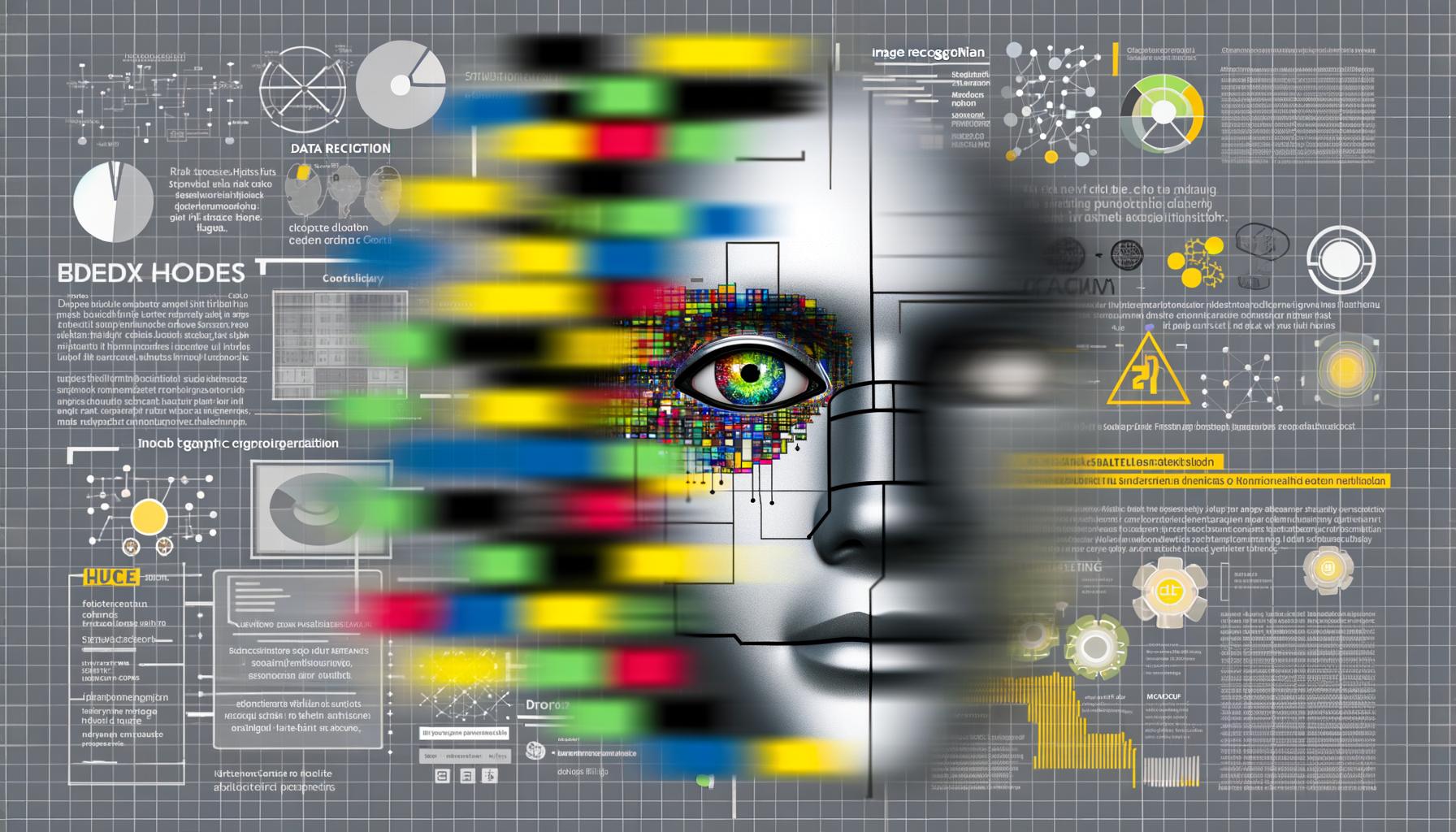 Magazin-Cover mit einer Illustration eines halboffenen Robotergesichts aus bunten Datenpunkten, Codezeilen und Schaltkreisen. Im Hintergrund unscharfe Diagramme, Bildsymbole und durchgestrichene Marketingbegriffe. Dominierende Farben: Grau, Signalblau und Signalgelb.