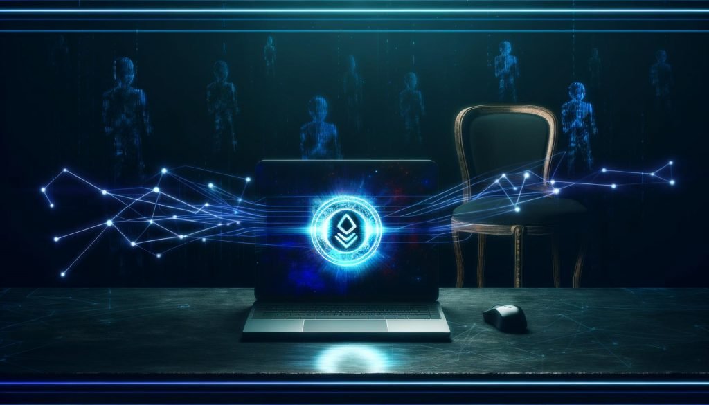 Dramatische Illustration eines Laptops mit Token-Symbol, PayPal-Logo und Sicherheitsschloss auf einem dunklen Schreibtisch, umgeben von digitalen Codes und schemenhaften Hacker-Figuren.