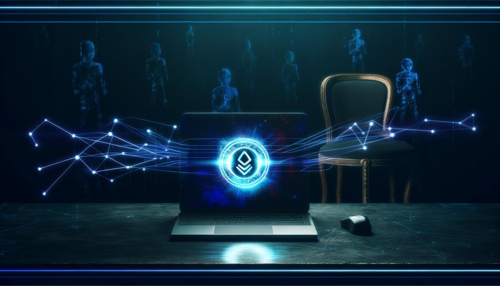 Dramatische Illustration eines Laptops mit Token-Symbol, PayPal-Logo und Sicherheitsschloss auf einem dunklen Schreibtisch, umgeben von digitalen Codes und schemenhaften Hacker-Figuren.