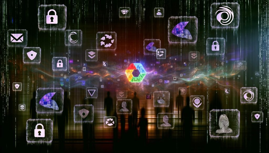 Düstere digitale Matrix-Szene mit schwebenden Cookie-Consent-Fenstern, AdBlocker-Icon, Fingerabdruck, VPN-Symbolen und zerbrechenden Cookies, einer leuchtenden Analytics ID im Zentrum, umgeben von Marketer-, Hacker- und Datenschützer-Figuren, überwacht von Chrome, Safari und Firefox Logos.