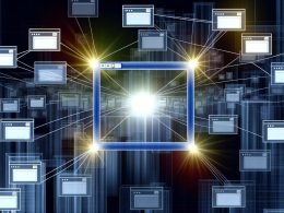 Illustration einer futuristischen Stadtlandschaft aus Webbrowsern, verbunden mit Knoten und Linien, im Mittelpunkt ein helles Browserfenster mit rel="canonical"-Tag, umgeben von schwächeren Kopien.