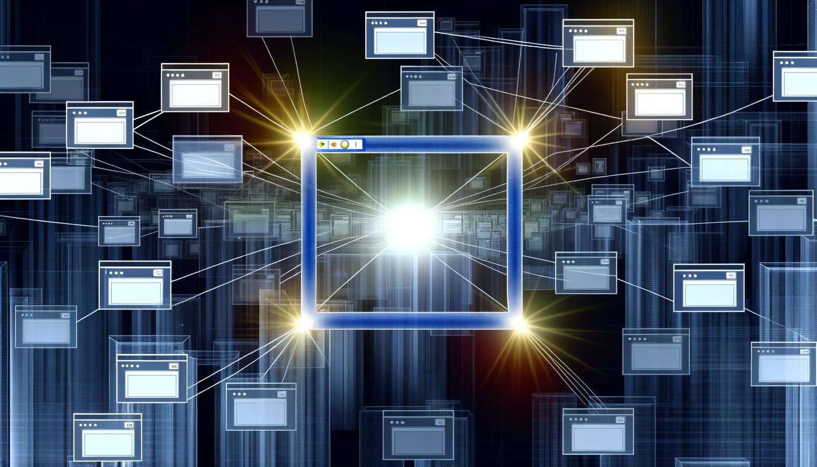 Illustration einer futuristischen Stadtlandschaft aus Webbrowsern, verbunden mit Knoten und Linien, im Mittelpunkt ein helles Browserfenster mit rel="canonical"-Tag, umgeben von schwächeren Kopien.