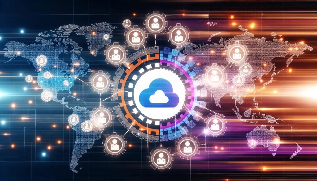 Moderne Illustration eines Cloudflare-Rechenzentrums, das bei Nacht mit leuchtenden Datenströmen global Städte verbindet. Im Zentrum ein Cloudflare-Logo, umgeben von Zahnrädern, Codezeilen und vernetzten Worker-Avataren in Blau-, Lila- und Orangetönen.