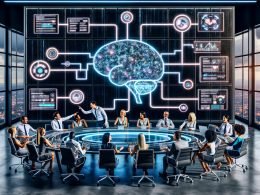 Futuristisches Büro mit multikulturellem Marketingteam, das mithilfe von transparenten Displays und KI gemeinsam Content erstellt.