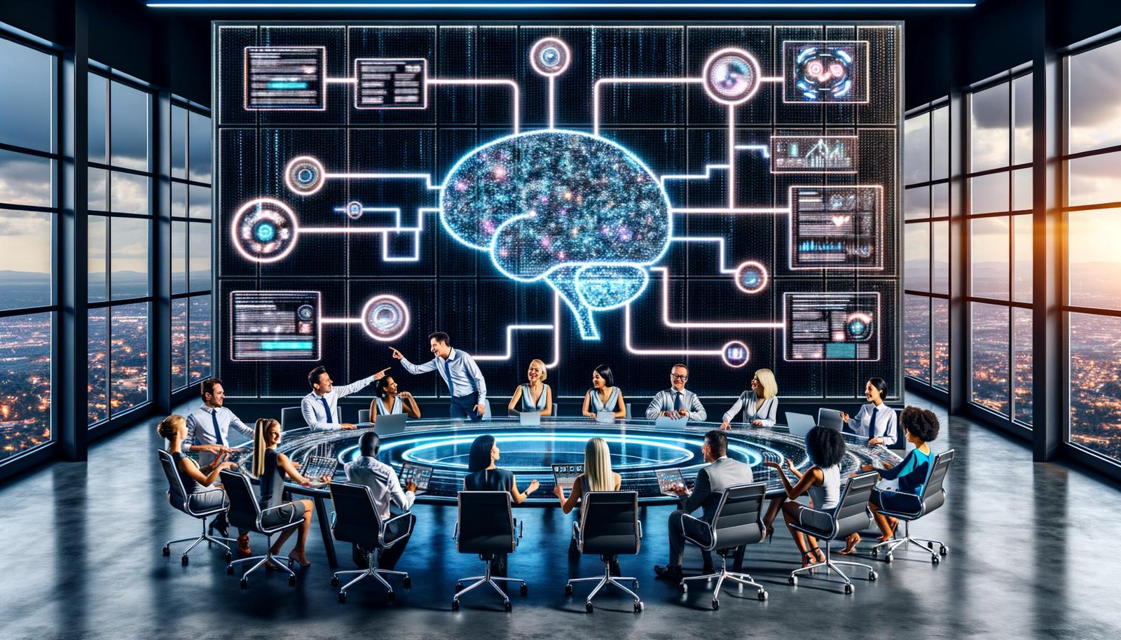 Futuristisches Büro mit multikulturellem Marketingteam, das mithilfe von transparenten Displays und KI gemeinsam Content erstellt.