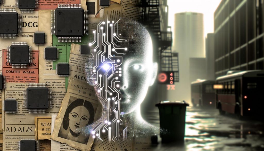 Düsteres Magazin-Cover mit abstrahiertem Mensch-Maschine-Gesicht, digitalen Linien, LED-Lichtern und verschmelzenden alten sowie modernen Technologien in nebliger Atmosphäre