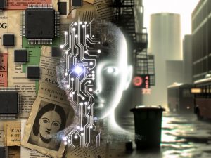 Düsteres Magazin-Cover mit abstrahiertem Mensch-Maschine-Gesicht, digitalen Linien, LED-Lichtern und verschmelzenden alten sowie modernen Technologien in nebliger Atmosphäre