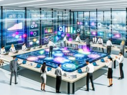 Futuristisches Büro mit diversen Teams, die an holographischen Datenströmen, bunten Diagrammen und KI-gestützten Prognosen arbeiten, während klassische Papierdokumente beiseite liegen.