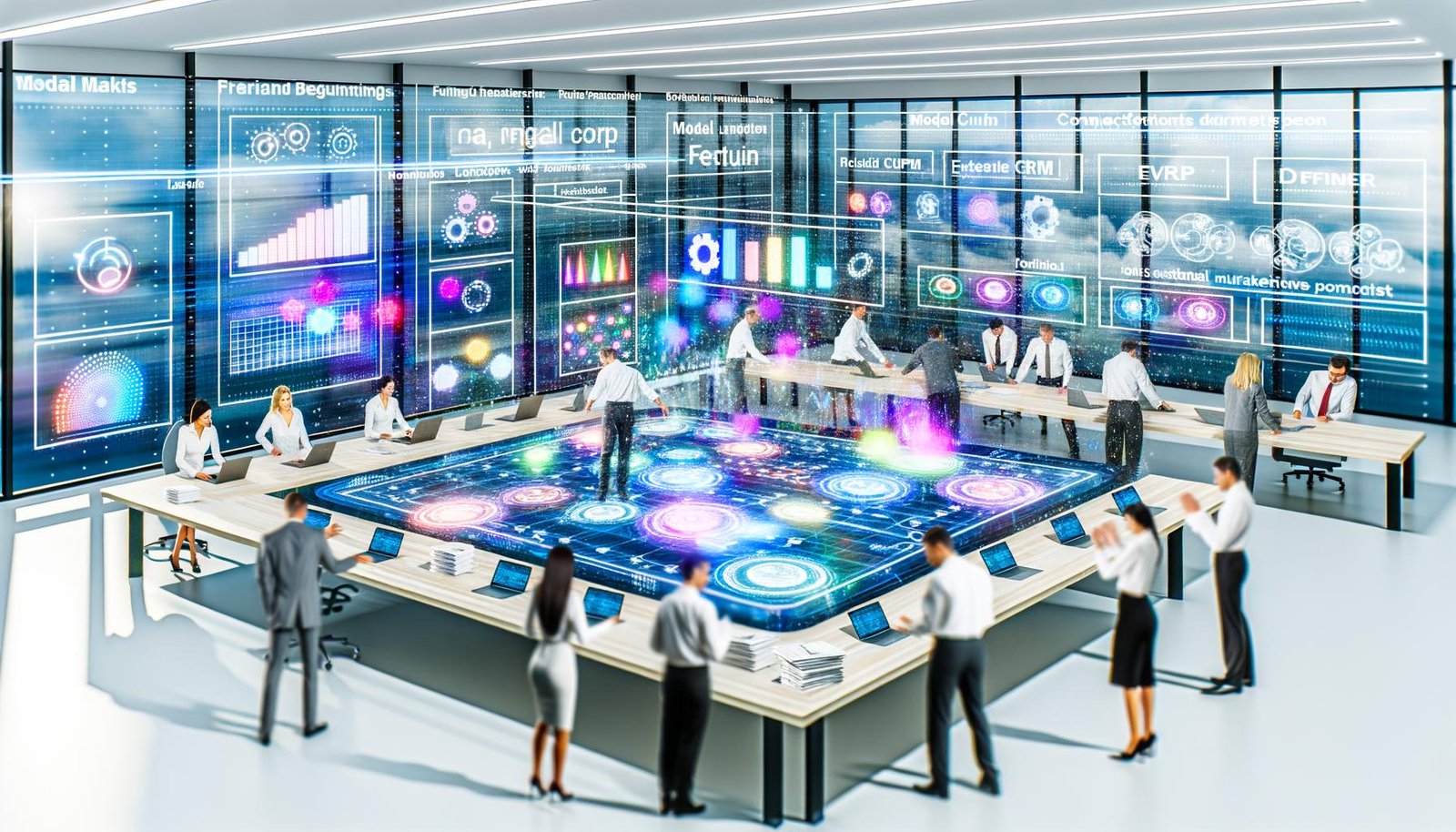 Futuristisches Büro mit diversen Teams, die an holographischen Datenströmen, bunten Diagrammen und KI-gestützten Prognosen arbeiten, während klassische Papierdokumente beiseite liegen.