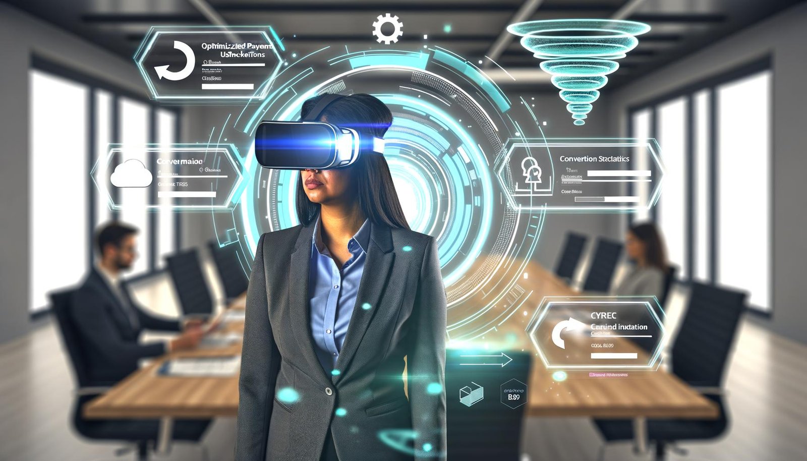 Geschäftsperson mit moderner VR-Brille umgeben von holografischen User-Interfaces, Statistiken und einem digitalen Konferenzraum im futuristischen E-Commerce-Setting.