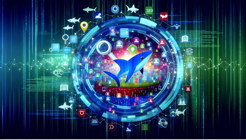 Futuristische Illustration eines digitalen Marktplatzes mit zahlreichen Produkten und Seller-Avataren, umgeben von SEO-Icons und Datenströmen, im Hintergrund ein Haifischbecken als Symbol für Konkurrenz.