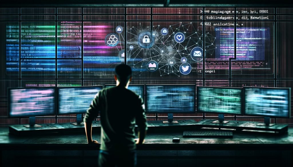 Fokussierter Analyst vor Bildschirmen mit Social Media Feeds, Datenströmen, Netzwerk-Visualisierungen und Social Media-Logos in einem industriellen Kontrollraum.