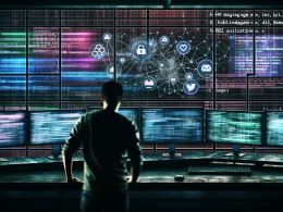 Fokussierter Analyst vor Bildschirmen mit Social Media Feeds, Datenströmen, Netzwerk-Visualisierungen und Social Media-Logos in einem industriellen Kontrollraum.