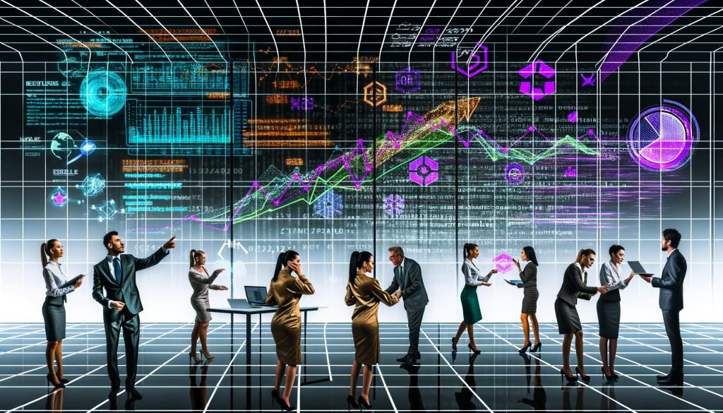 Futuristisches Büro mit Geschäftsleuten, die digitale Dashboards, Hologramm-Charts und Echtzeitdaten betrachten, KI- und Cloud-Analytik-Icons im Hintergrund.