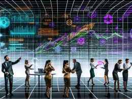 Futuristisches Büro mit Geschäftsleuten, die digitale Dashboards, Hologramm-Charts und Echtzeitdaten betrachten, KI- und Cloud-Analytik-Icons im Hintergrund.