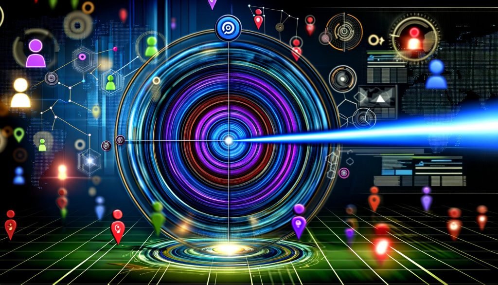 VR-Nutzer mit futuristischem Headset in einem digitalen Sales Funnel mit schwebenden Produktdemos, Testimonials und PayPal-Buttons im neonfarbenen Cyberpunk-Look.