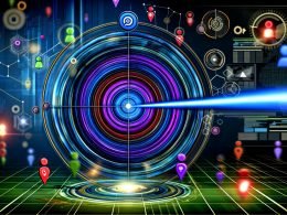 VR-Nutzer mit futuristischem Headset in einem digitalen Sales Funnel mit schwebenden Produktdemos, Testimonials und PayPal-Buttons im neonfarbenen Cyberpunk-Look.