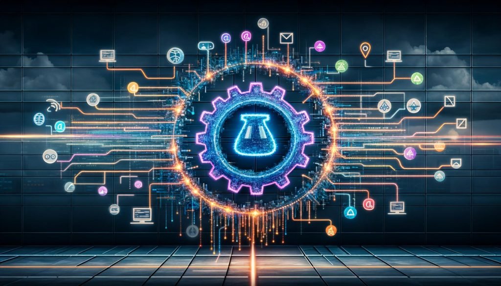 Illustrationsreihe zu KI im Content-Bereich: leuchtende Zahnräder, KI-Gehirn, modulare Architekturen, Content-Produktionsstraße, Vergleich klassische Redaktion vs. AI-Engine, Mythen-Check, Praxisbeispiele im B2B- und E-Commerce sowie symbolische Schluss-Szene mit Sprinterin aus Licht.