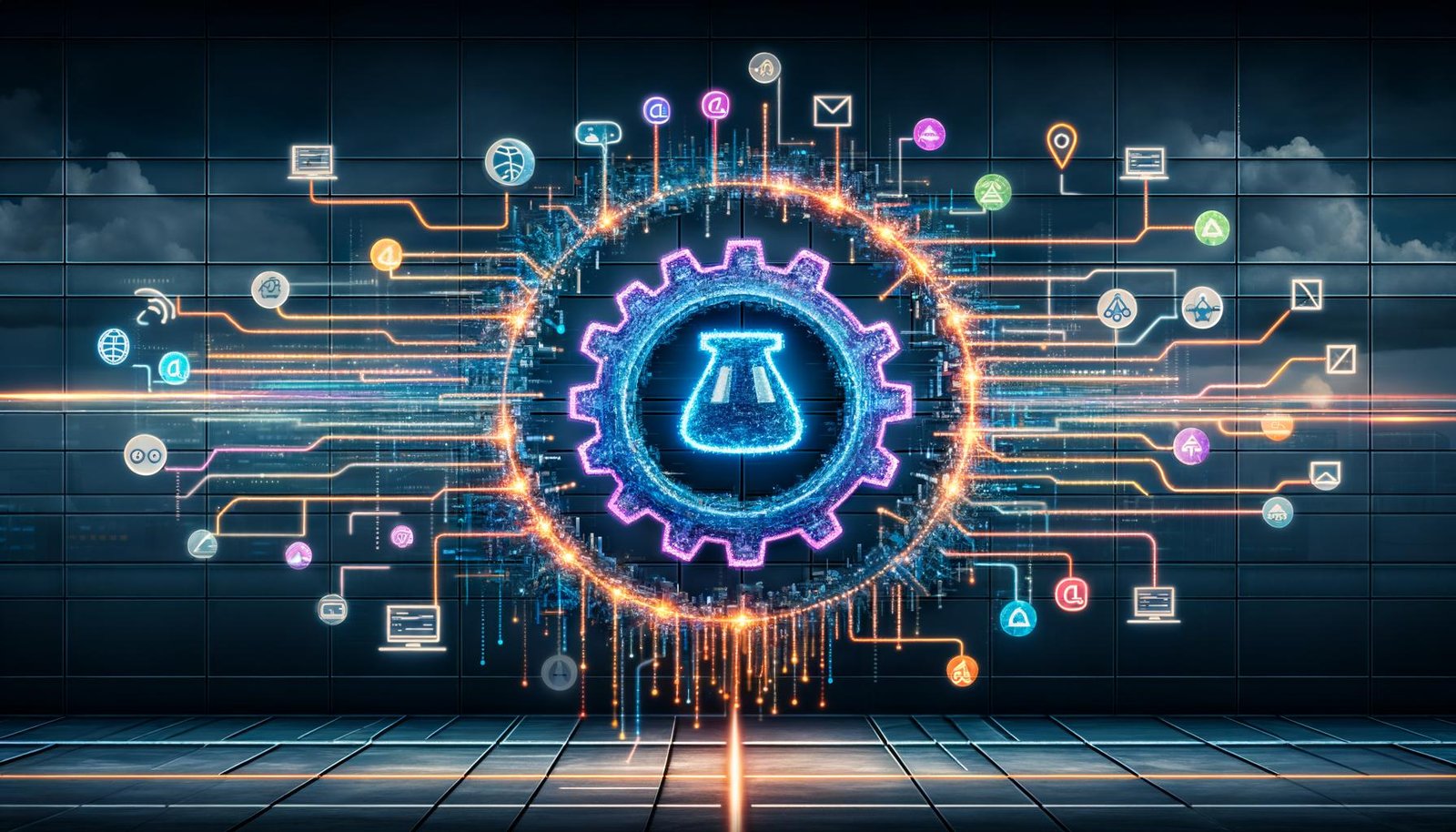 Illustrationsreihe zu KI im Content-Bereich: leuchtende Zahnräder, KI-Gehirn, modulare Architekturen, Content-Produktionsstraße, Vergleich klassische Redaktion vs. AI-Engine, Mythen-Check, Praxisbeispiele im B2B- und E-Commerce sowie symbolische Schluss-Szene mit Sprinterin aus Licht.