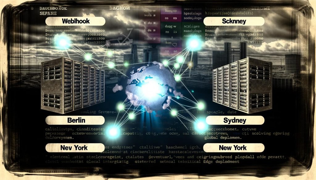 Technisch inspiriertes Titelbild mit zentralem, hochmodernem Cloudflare-Worker-Knoten, global verteilten Servern und dynamischen Datenströmen in einer dunklen Serverlandschaft.