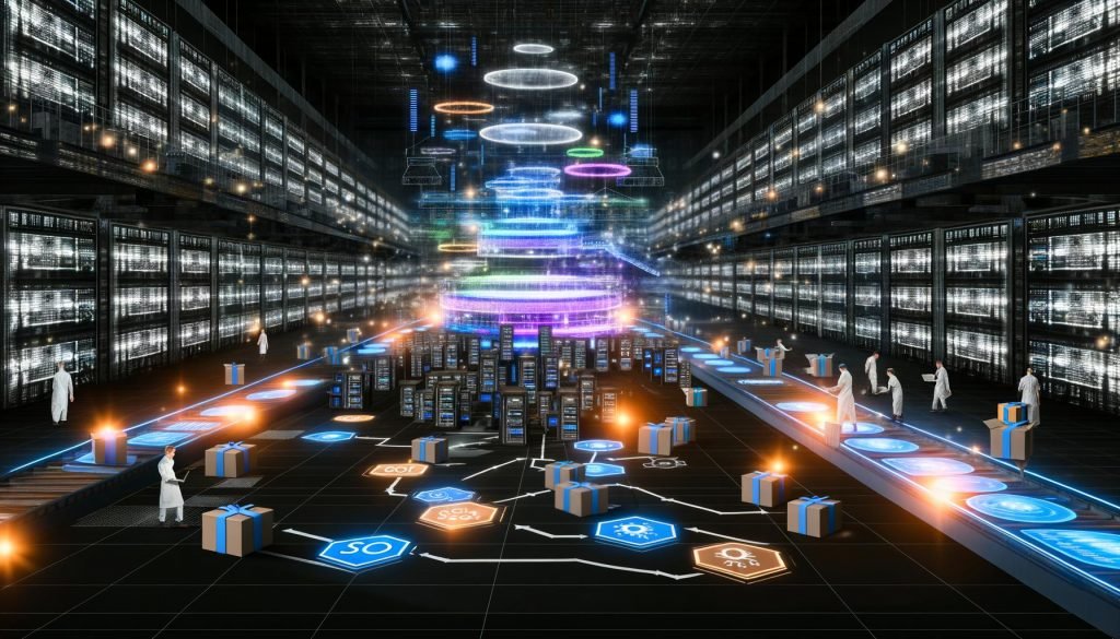 Düstere, dynamische Maschinenraum-Szene eines modernen Onlineshops mit Serverracks, Förderbändern und Entwicklern im industriellen Stil, technische Geräte und interaktive Holo-Screens im Fokus.