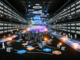 Düstere, dynamische Maschinenraum-Szene eines modernen Onlineshops mit Serverracks, Förderbändern und Entwicklern im industriellen Stil, technische Geräte und interaktive Holo-Screens im Fokus.