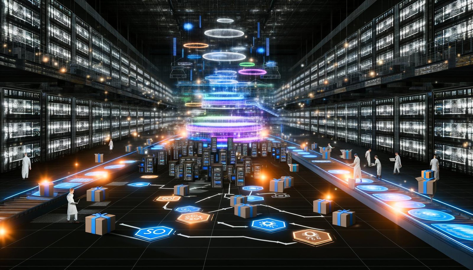 Düstere, dynamische Maschinenraum-Szene eines modernen Onlineshops mit Serverracks, Förderbändern und Entwicklern im industriellen Stil, technische Geräte und interaktive Holo-Screens im Fokus.