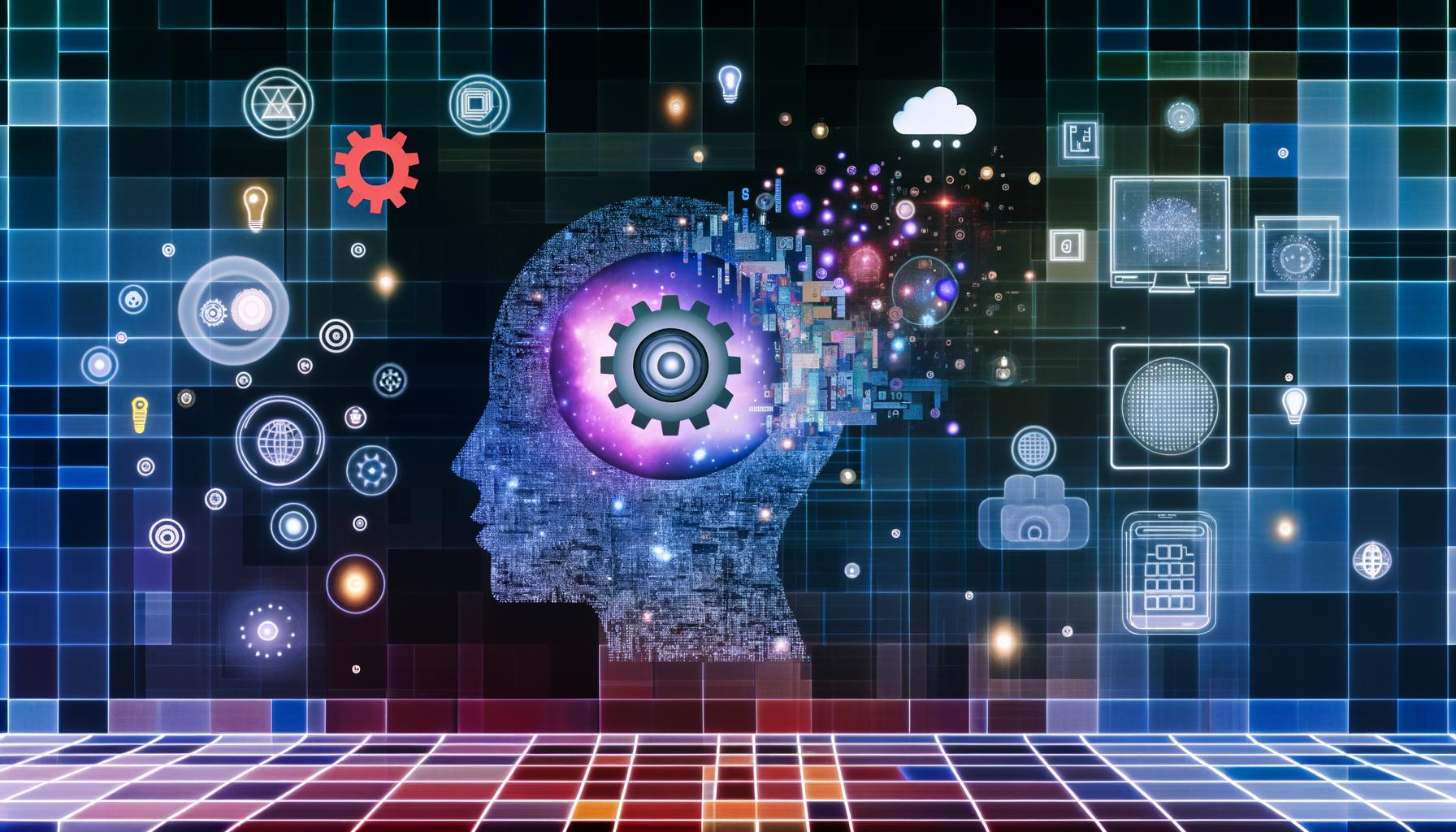 Abstrakte, futuristische Collage mit einem halbtransparenten Kopf voller digitaler Datenströme, umgeben von Online-Marketing-Symbolen, Zahnrädern und Neonakzenten