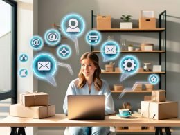 Einzelunternehmerin sitzt an modernem Schreibtisch vor Laptop mit geöffneter Shopify-Oberfläche, umgeben von schwebenden Symbolen für KI-Agenten. Im Hintergrund Regale mit Paketen und Produkten.