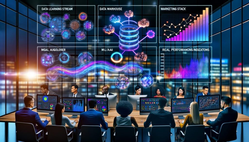 Futuristischer, abgedunkelter Marketing-War-Room mit digitalen Bildschirmen, auf denen bunte Datenflüsse, ML-Modelle, Prognosekurven und KPIs zu sehen sind. Im Vordergrund ein moderner Forecasting Stack mit klar abgegrenzten Modulen und leuchtenden Verbindungen.