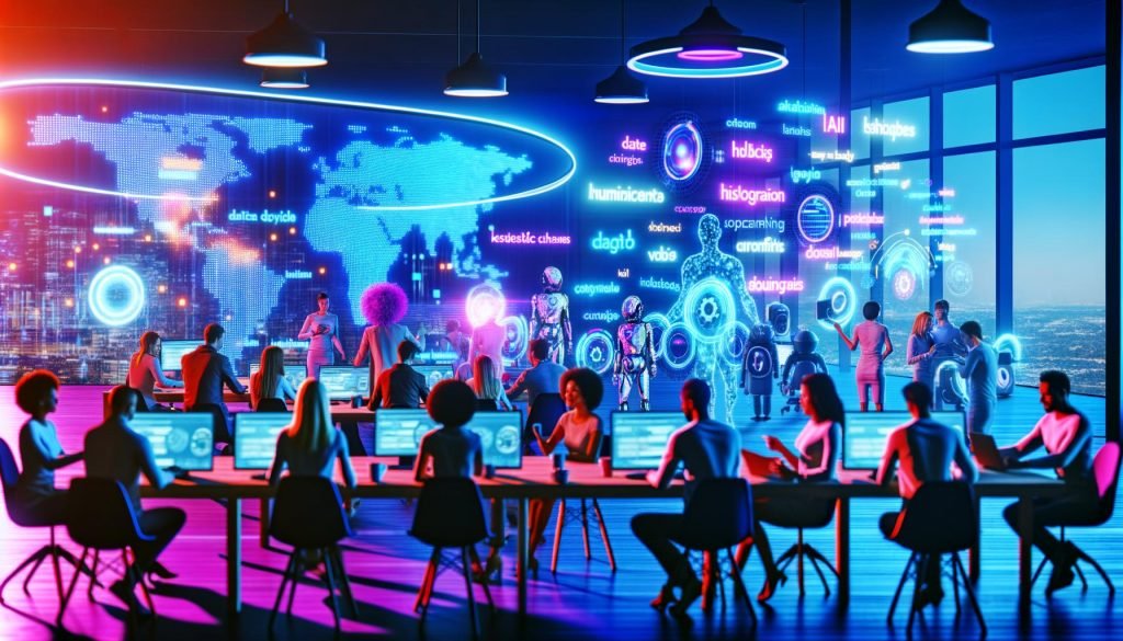 Modernes Marketing-Team kollaboriert in futuristischem Büro mit holografischen Bildschirmen, KI-Daten und Robotern im Hintergrund.