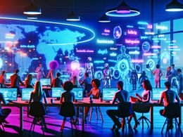 Modernes Marketing-Team kollaboriert in futuristischem Büro mit holografischen Bildschirmen, KI-Daten und Robotern im Hintergrund.