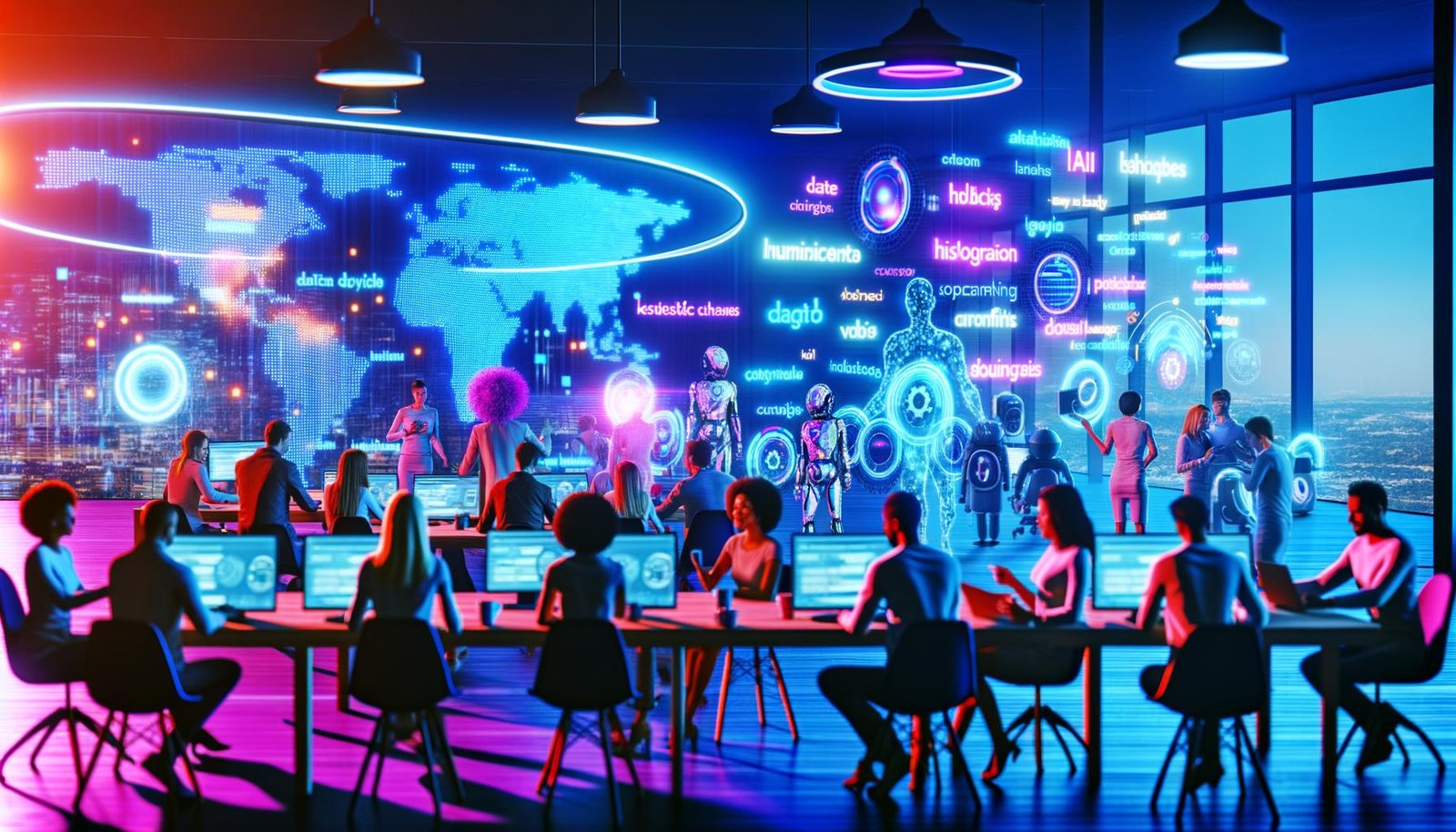 Modernes Marketing-Team kollaboriert in futuristischem Büro mit holografischen Bildschirmen, KI-Daten und Robotern im Hintergrund.