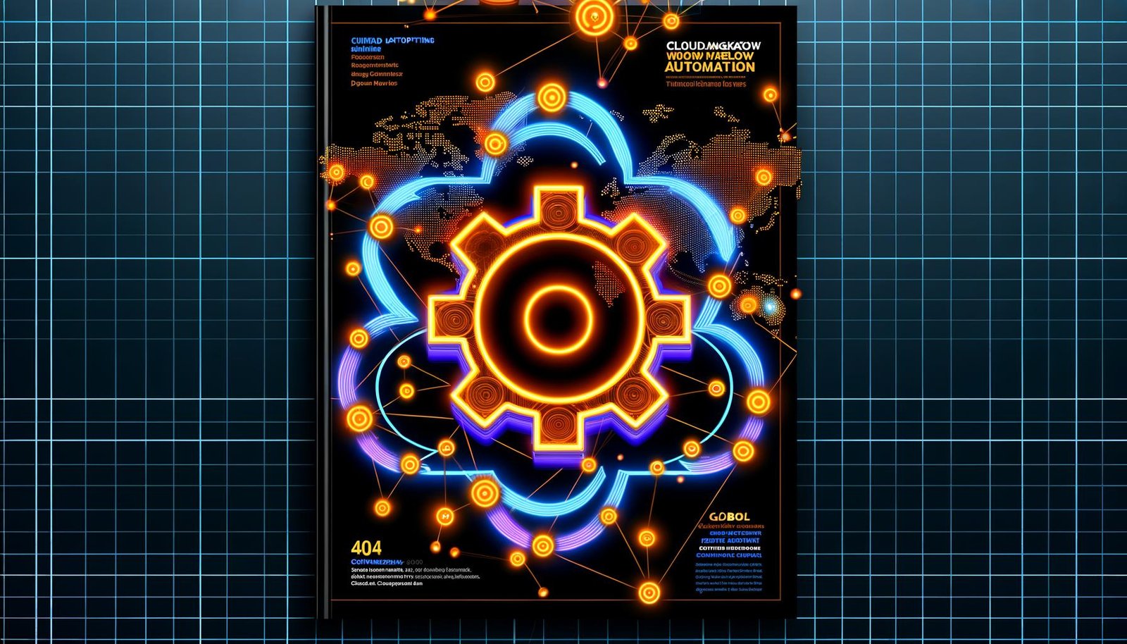 Futuristische Titelseite mit abstrahiertem Cloudflare Worker-Symbol, vernetzten Datenströmen auf Weltkarte, kräftigen Kontrastfarben sowie Icons für Serverless, APIs und dynamische Routen.