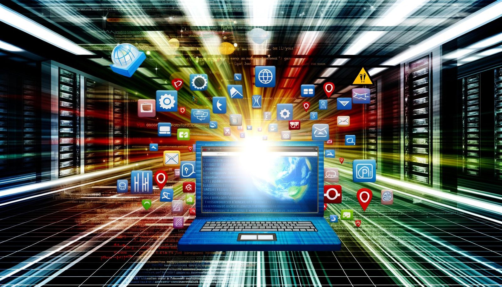 Titelbild mit geöffnetem Laptop, digitaler PWA-Oberfläche, Google-Logo, SEO-Icons, Tools wie Lighthouse und Pagespeed sowie technischen Zeichnungen im Hintergrund.