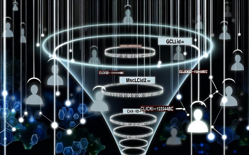 Illustration eines innovativen digitalen Netzwerks mit Codes wie gclid= und fbclid=, Nutzersilhouetten in einem Funnel und nahtlos verfolgbarer Click ID.