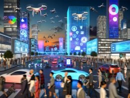 Futuristische Großstadt bei Dämmerung mit beleuchteten Hochhäusern, Drohnen, selbstfahrenden Autos und Menschen mit AR-Brillen, digitale Datenströme und KI-Werbung an den Fassaden.