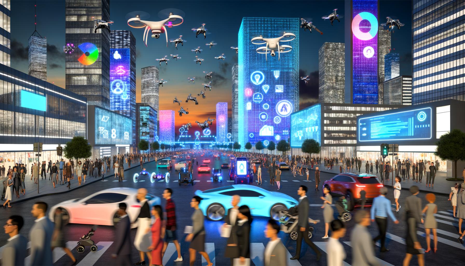 Futuristische Großstadt bei Dämmerung mit beleuchteten Hochhäusern, Drohnen, selbstfahrenden Autos und Menschen mit AR-Brillen, digitale Datenströme und KI-Werbung an den Fassaden.