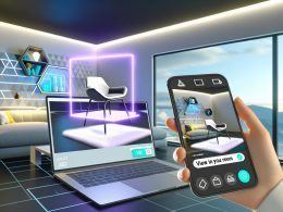 Heller, moderner Arbeitsplatz mit Laptop auf Shopify und Smartphone, das per AR einen 3D-Stuhl im Wohnzimmer zeigt, umgeben von digitalen Interface-Elementen.