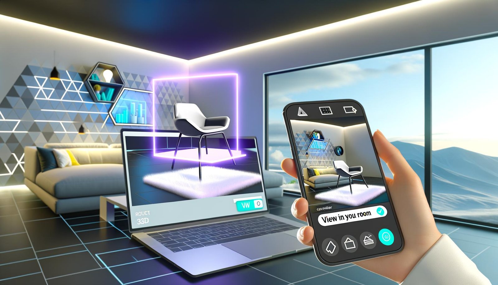 Heller, moderner Arbeitsplatz mit Laptop auf Shopify und Smartphone, das per AR einen 3D-Stuhl im Wohnzimmer zeigt, umgeben von digitalen Interface-Elementen.