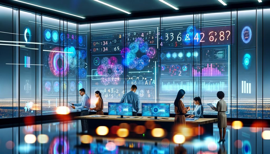 Futuristischer Kontrollraum mit modernen Marketing- und Data-Science-Profis vor holographischen Dashboards, die Datenvisualisierungen, Analytics und KI-Symbole zeigen.