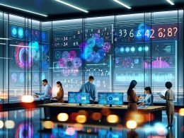 Futuristischer Kontrollraum mit modernen Marketing- und Data-Science-Profis vor holographischen Dashboards, die Datenvisualisierungen, Analytics und KI-Symbole zeigen.