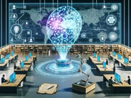 Futuristisches Büro mit KI-Engine, holografischen User-Interfaces, Roboterarmen und Menschen an modernen Arbeitsplätzen, während klassische Werkzeuge verstaubt in einer Vitrine ruhen.