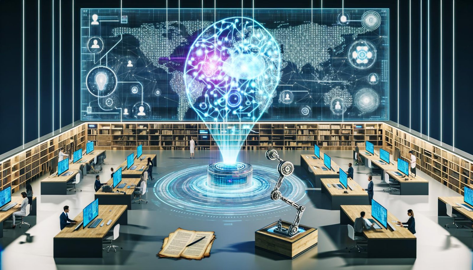 Futuristisches Büro mit KI-Engine, holografischen User-Interfaces, Roboterarmen und Menschen an modernen Arbeitsplätzen, während klassische Werkzeuge verstaubt in einer Vitrine ruhen.